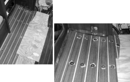 Marine plywood hatches run down the centerline of this boat, above. These were later covered with teak-and-holly plywood. Temporary screws and plastic squares cut from milk cartons hold the panels in place during the dry fitting, at right.