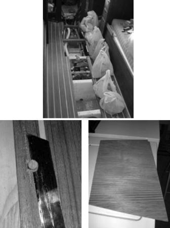 Screws and sandbags hold the cabin sole in place while the epoxy sets up, above. The hole plugs are sawn off, at left, with a flush cutting saw that has no set to the teeth. The back of the plywood is scored to allow the panel to curve properly under the navigation station, at right.