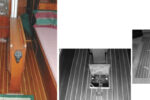 The finished cabin sole, at left. The small rubber-backed area rug at the bottom of the companionway ladder helps catch sand before it is tracked on the varnished sole. During the planning stage, carefully consider access hatches, such as the one for the batteries on facing page, bottom. Make a pattern and transfer it to the new sole, facing page, at right.