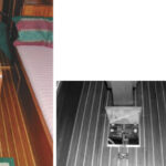 The finished cabin sole, at left. The small rubber-backed area rug at the bottom of the companionway ladder helps catch sand before it is tracked on the varnished sole. During the planning stage, carefully consider access hatches, such as the one for the batteries on facing page, bottom. Make a pattern and transfer it to the new sole, facing page, at right.