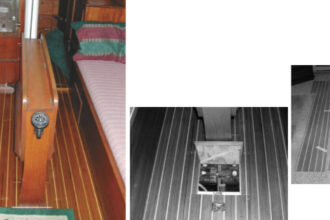 The finished cabin sole, at left. The small rubber-backed area rug at the bottom of the companionway ladder helps catch sand before it is tracked on the varnished sole. During the planning stage, carefully consider access hatches, such as the one for the batteries on facing page, bottom. Make a pattern and transfer it to the new sole, facing page, at right.