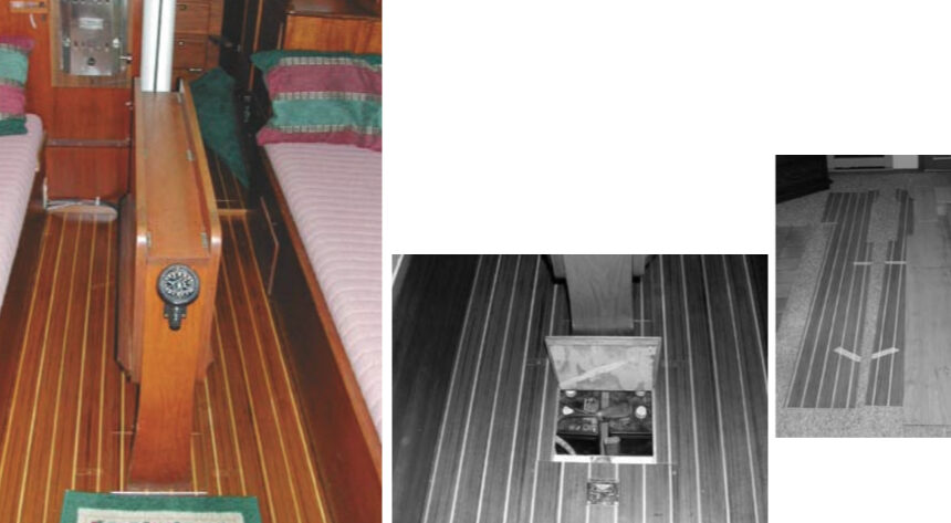 The finished cabin sole, at left. The small rubber-backed area rug at the bottom of the companionway ladder helps catch sand before it is tracked on the varnished sole. During the planning stage, carefully consider access hatches, such as the one for the batteries on facing page, bottom. Make a pattern and transfer it to the new sole, facing page, at right.