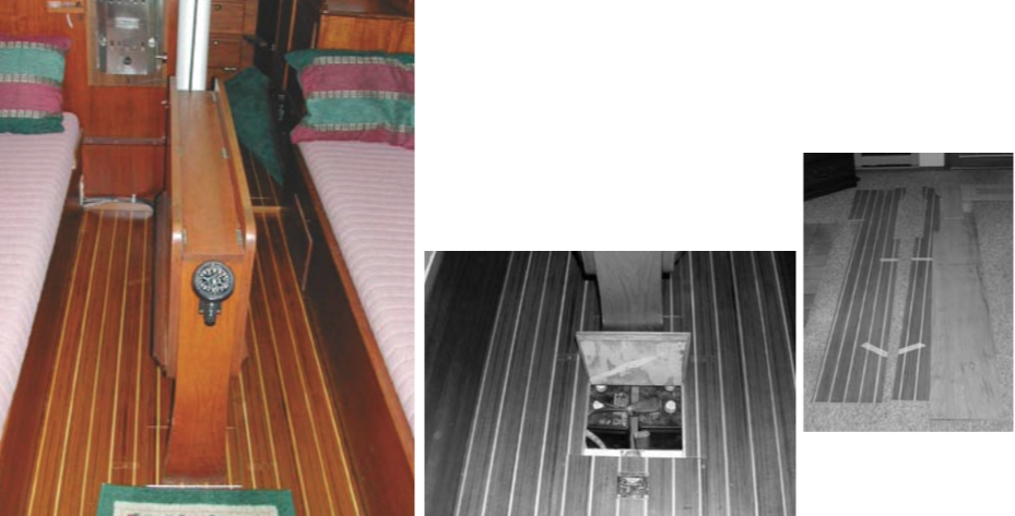The finished cabin sole, at left. The small rubber-backed area rug at the bottom of the companionway ladder helps catch sand before it is tracked on the varnished sole. During the planning stage, carefully consider access hatches, such as the one for the batteries on facing page, bottom. Make a pattern and transfer it to the new sole, facing page, at right.