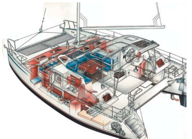 The PDQ 36 has a large head to starboard and a rear cabin with twin bunks to port. Two more mirror-image cabins (full-size staterooms) are forward of the bridge deck, close to the rotational center of the vessel.