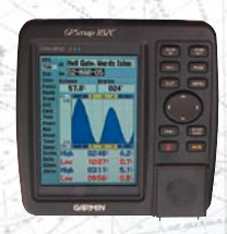 Chart plotter with graphical picture of tides, along with a listing of the times of high and low tides for the date selected