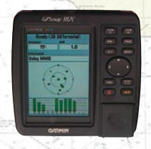 Chart plotter display, showing a sky view of the available satellites, with bar-graph of each satellite’s receiving strength