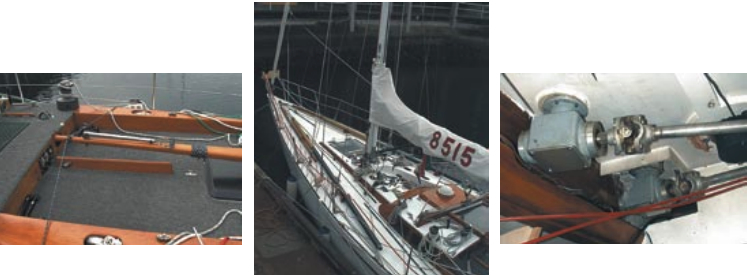 Using a deck-circling line led to the tiller, at left, Len Schwab can steer from anyplace on the working deck. The winches are designed with hefty and convenient below-deck driveshafts, at right, linking winch handle to winch.