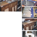Galley before Greg started, facing page. Blue tape used to fit rubber feet to board, top right. Transferring the foot pattern to the bottom of the board, second from top. Sanded and fit in place, third from top. A board used as a tray on the bow, at right. This is Greg and Jill’s favorite place to watch the sun go down while enjoying some wine and cheese.