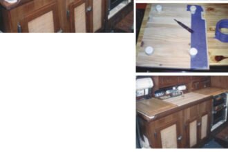 Galley before Greg started, facing page. Blue tape used to fit rubber feet to board, top right. Transferring the foot pattern to the bottom of the board, second from top. Sanded and fit in place, third from top. A board used as a tray on the bow, at right. This is Greg and Jill’s favorite place to watch the sun go down while enjoying some wine and cheese.