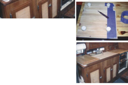 Galley before Greg started, facing page. Blue tape used to fit rubber feet to board, top right. Transferring the foot pattern to the bottom of the board, second from top. Sanded and fit in place, third from top. A board used as a tray on the bow, at right. This is Greg and Jill’s favorite place to watch the sun go down while enjoying some wine and cheese.