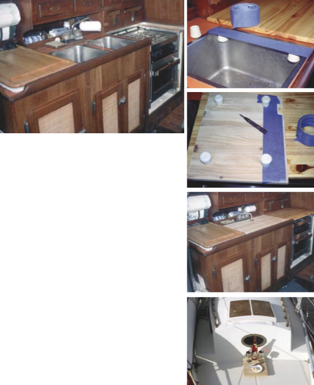 Galley before Greg started, facing page. Blue tape used to fit rubber feet to board, top right. Transferring the foot pattern to the bottom of the board, second from top. Sanded and fit in place, third from top. A board used as a tray on the bow, at right. This is Greg and Jill’s favorite place to watch the sun go down while enjoying some wine and cheese.