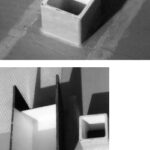 The top photo shows the square plywood vent epoxied into the deck. It sticks up 4 inches above deck level and is painted white inside to give a light impression from down below. The two lighter marks along the deck show where the cover will fit. They have been sanded down to give good adhesion to the epoxy resin that will be used to secure the cover to the deck. The upside-down cover, bottom, next to the through-deck vent. The part of the cover painted white is the part that goes over the vent, and the color, again, is to provide some luminosity inside. The baffles also clearly show in this picture, and some idea can be gained of the relative sizes of the vent and the part of the cover that goes over the vent.