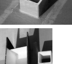 The top photo shows the square plywood vent epoxied into the deck. It sticks up 4 inches above deck level and is painted white inside to give a light impression from down below. The two lighter marks along the deck show where the cover will fit. They have been sanded down to give good adhesion to the epoxy resin that will be used to secure the cover to the deck. The upside-down cover, bottom, next to the through-deck vent. The part of the cover painted white is the part that goes over the vent, and the color, again, is to provide some luminosity inside. The baffles also clearly show in this picture, and some idea can be gained of the relative sizes of the vent and the part of the cover that goes over the vent.