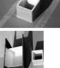 The top photo shows the square plywood vent epoxied into the deck. It sticks up 4 inches above deck level and is painted white inside to give a light impression from down below. The two lighter marks along the deck show where the cover will fit. They have been sanded down to give good adhesion to the epoxy resin that will be used to secure the cover to the deck. The upside-down cover, bottom, next to the through-deck vent. The part of the cover painted white is the part that goes over the vent, and the color, again, is to provide some luminosity inside. The baffles also clearly show in this picture, and some idea can be gained of the relative sizes of the vent and the part of the cover that goes over the vent.