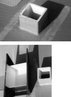 The top photo shows the square plywood vent epoxied into the deck. It sticks up 4 inches above deck level and is painted white inside to give a light impression from down below. The two lighter marks along the deck show where the cover will fit. They have been sanded down to give good adhesion to the epoxy resin that will be used to secure the cover to the deck. The upside-down cover, bottom, next to the through-deck vent. The part of the cover painted white is the part that goes over the vent, and the color, again, is to provide some luminosity inside. The baffles also clearly show in this picture, and some idea can be gained of the relative sizes of the vent and the part of the cover that goes over the vent.