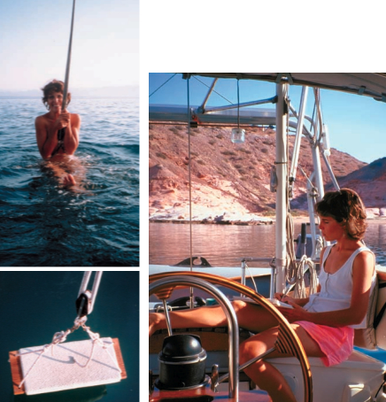 Facing page, Bette Ross and the boarding step/swing seat used for climbing aboard from the dinghy as well as for simply cooling off. This page, Bette enjoys the shade of the cockpit awning and the comfortable cockpit seats.