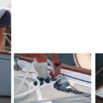 Don Casey puts his deck-wash system to good use after the anchor is hauled, above. The on-deck portion of the system, on Page 38, consists of a short hose and a small deck fitting.