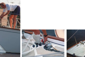 Don Casey puts his deck-wash system to good use after the anchor is hauled, above. The on-deck portion of the system, on Page 38, consists of a short hose and a small deck fitting.