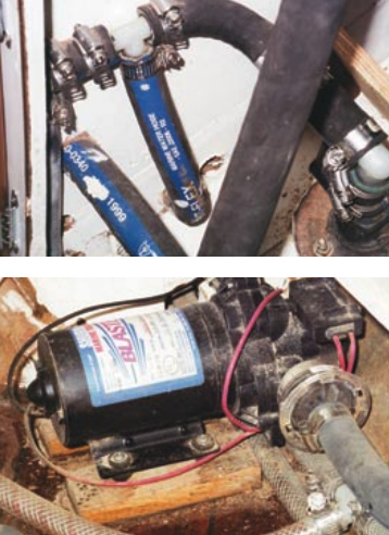 The belowdecks portion of Don Casey’s deck-wash system, is shown here. Note that the washdown pump intake, at top, shares a through-hull with another system but never with the engine. The pump intake, below, must be filtered.