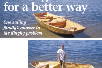 Sybil, an 11-foot nesting dinghy, facing page, built by John Danicic for his brother, Paul. The dinghy is stowed on the cabintop of Paul’s Cape Dory 33, Femme du Nord. The first of two dinghies built by John Danicic, Sybil gets a test on a Minneapolis lake. Mark Bowker, John’s nephew, prepares to join the halves, at right.