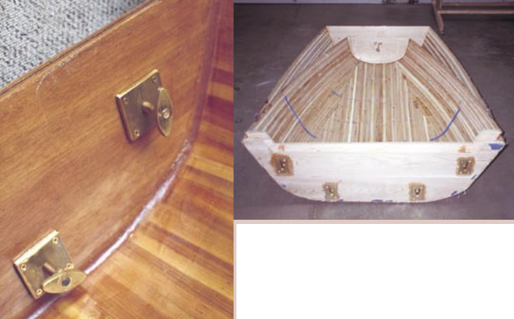 The 11-foot dinghy is checked for its ability to nest, above. John notes that the latching bulkhead is a critical part of the design: “I built the matching bulkhead section and the brass latches before I built the boat. Getting this bulkhead to fit together properly is the key to this project. Building it first, putting it together and then laying the strips and fiberglass over is the only way you can be assured that things will match up. I made threaded brass handles for the connecting bolts. I found that they were easier to turn than the Dave Gerr-designed sliding pins.”