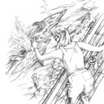 Illustration of a women waving at dolphins