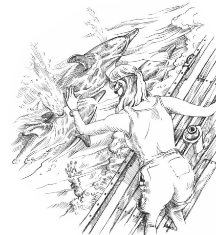 Illustration of a women waving at dolphins