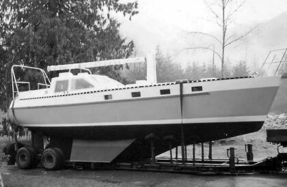Toussaire, a 38-foot steel bilge fin motorsailer with 4-foot draft.