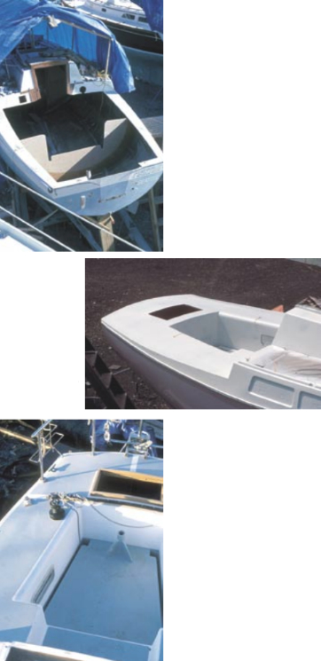 The new, aft, thwartship bulkhead, above. The cockpit getting primed for paint, at right. Note the wide gunwales and the stern deck with its hatch (not installed). Installing deck hardware, below.