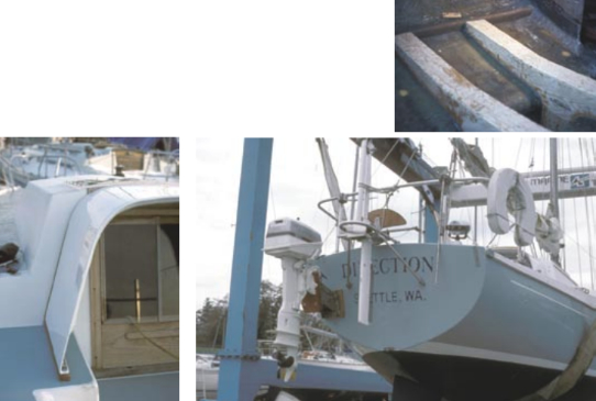 To stabilize the keel, Dave built box-section keel floors using 3/8-inch marine plywood, sheathed in fiberglass, then laminated to the hull, above. A hard dodger and fiberglass doghouse, below left, prevented seas from entering the cabin. Launch day, below right.