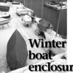 Tom’s boat, Christmas, a 1961 Alden Challenger, in the foreground with her spacious enclosure (and temporary work site). Other boats on the lot show the range of winter tarps . . . the good, the bad, and the ugly.