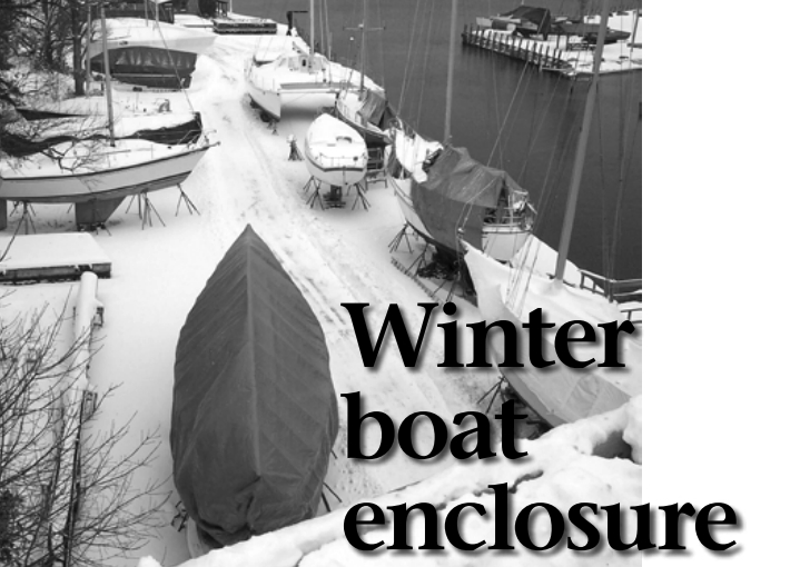 Tom’s boat, Christmas, a 1961 Alden Challenger, in the foreground with her spacious enclosure (and temporary work site). Other boats on the lot show the range of winter tarps . . . the good, the bad, and the ugly.