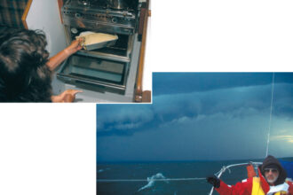 Karen cooks, at left, and leaves the foul-weather driving to Jerry, below.