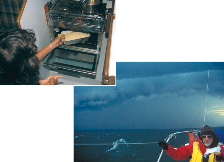 Karen cooks, at left, and leaves the foul-weather driving to Jerry, below.