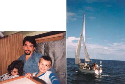 Contentedly aboard, Chuck cuddles with young Amie and Alex.