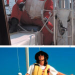 Two juxtaposed pictures of someone on a boat in different conditions