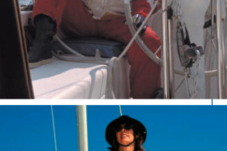 Two juxtaposed pictures of someone on a boat in different conditions