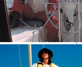 Two juxtaposed pictures of someone on a boat in different conditions