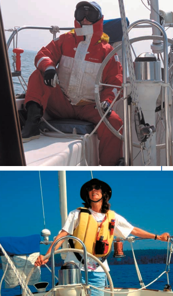 Two juxtaposed pictures of someone on a boat in different conditions