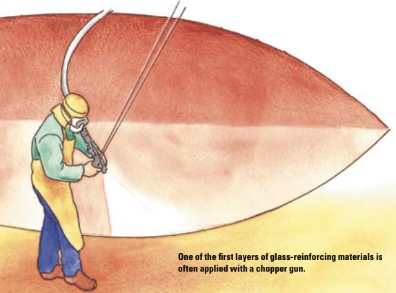 One of the first layers of glass-reinforcing materials is often applied with a chopper gun.