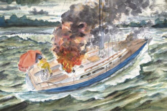 Painting of a burning ship