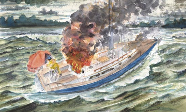 Painting of a burning ship