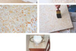 Judy MacDonnell’s three-step floor covering (shown finished at right) began with painting a two-part white epoxy base on the floor and hatch cover, left above; sprinkling colored vinyl chips onto the wet epoxy base coat, above right; and painting three clear top coats over the chips, center right. The photo at center left shows the transition between the vinyl chip layer and top coats. An Australian product called Designer Flake Seamless Floor Coating, this material is available in the U.S. from Progressive Epoxy Polymers, Inc.