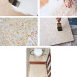 Judy MacDonnell’s three-step floor covering (shown finished at right) began with painting a two-part white epoxy base on the floor and hatch cover, left above; sprinkling colored vinyl chips onto the wet epoxy base coat, above right; and painting three clear top coats over the chips, center right. The photo at center left shows the transition between the vinyl chip layer and top coats. An Australian product called Designer Flake Seamless Floor Coating, this material is available in the U.S. from Progressive Epoxy Polymers, Inc.