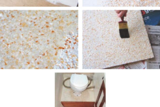 Judy MacDonnell’s three-step floor covering (shown finished at right) began with painting a two-part white epoxy base on the floor and hatch cover, left above; sprinkling colored vinyl chips onto the wet epoxy base coat, above right; and painting three clear top coats over the chips, center right. The photo at center left shows the transition between the vinyl chip layer and top coats. An Australian product called Designer Flake Seamless Floor Coating, this material is available in the U.S. from Progressive Epoxy Polymers, Inc.