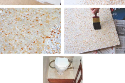 Judy MacDonnell’s three-step floor covering (shown finished at right) began with painting a two-part white epoxy base on the floor and hatch cover, left above; sprinkling colored vinyl chips onto the wet epoxy base coat, above right; and painting three clear top coats over the chips, center right. The photo at center left shows the transition between the vinyl chip layer and top coats. An Australian product called Designer Flake Seamless Floor Coating, this material is available in the U.S. from Progressive Epoxy Polymers, Inc.