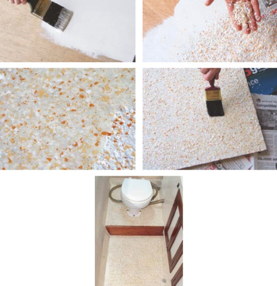 Judy MacDonnell’s three-step floor covering (shown finished at right) began with painting a two-part white epoxy base on the floor and hatch cover, left above; sprinkling colored vinyl chips onto the wet epoxy base coat, above right; and painting three clear top coats over the chips, center right. The photo at center left shows the transition between the vinyl chip layer and top coats. An Australian product called Designer Flake Seamless Floor Coating, this material is available in the U.S. from Progressive Epoxy Polymers, Inc.