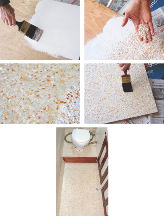 Judy MacDonnell’s three-step floor covering (shown finished at right) began with painting a two-part white epoxy base on the floor and hatch cover, left above; sprinkling colored vinyl chips onto the wet epoxy base coat, above right; and painting three clear top coats over the chips, center right. The photo at center left shows the transition between the vinyl chip layer and top coats. An Australian product called Designer Flake Seamless Floor Coating, this material is available in the U.S. from Progressive Epoxy Polymers, Inc.