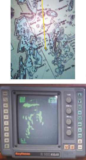 A radar display requires some interpretation. In this comparison, the position of the boat is marked by the symbol GP and yellow dot in the center of the chart plotter (computer display). On the radar image, the ship’s heading is up. Radar paints the “leading edge” of land masses. Although the radar display appears as a bird’s eye view, in reality the radar antenna is too low to give an image identical to that of a chart plotter.