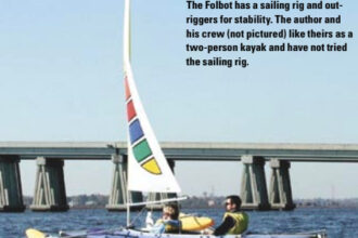 The Folbot has a sailing rig and out-riggers for stability. The author and his crew (not pictured) like theirs as a two-person kayak and have not tried the sailing rig.